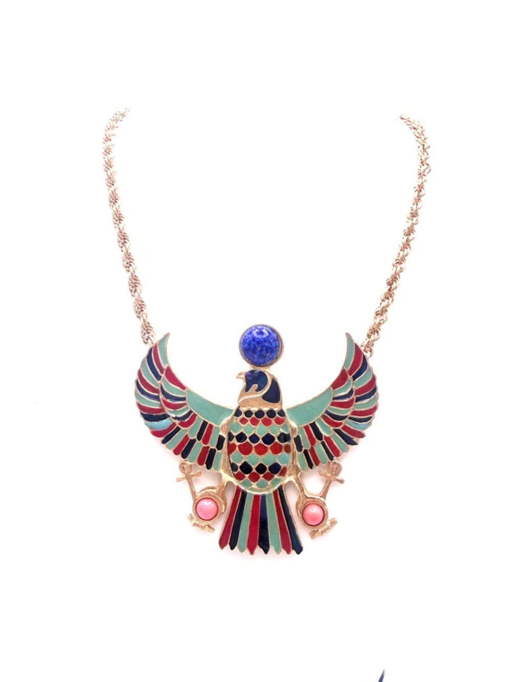 VINTAGE Accesocraft NYC | Egyptian Revival Necklace | Horus | red green navy